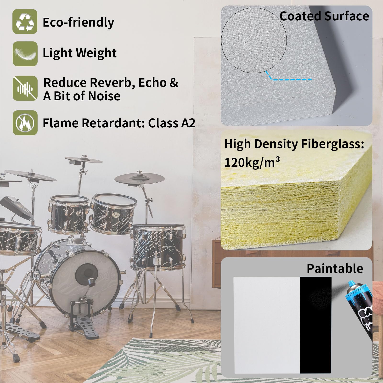 TroyStudio Acoustic Ceiling Panels - 12 X 12 X 1.2 Inches 4 Pcs Coated Fiberglass Hanging Drop Ceiling Tiles, Thick Sound Absorb